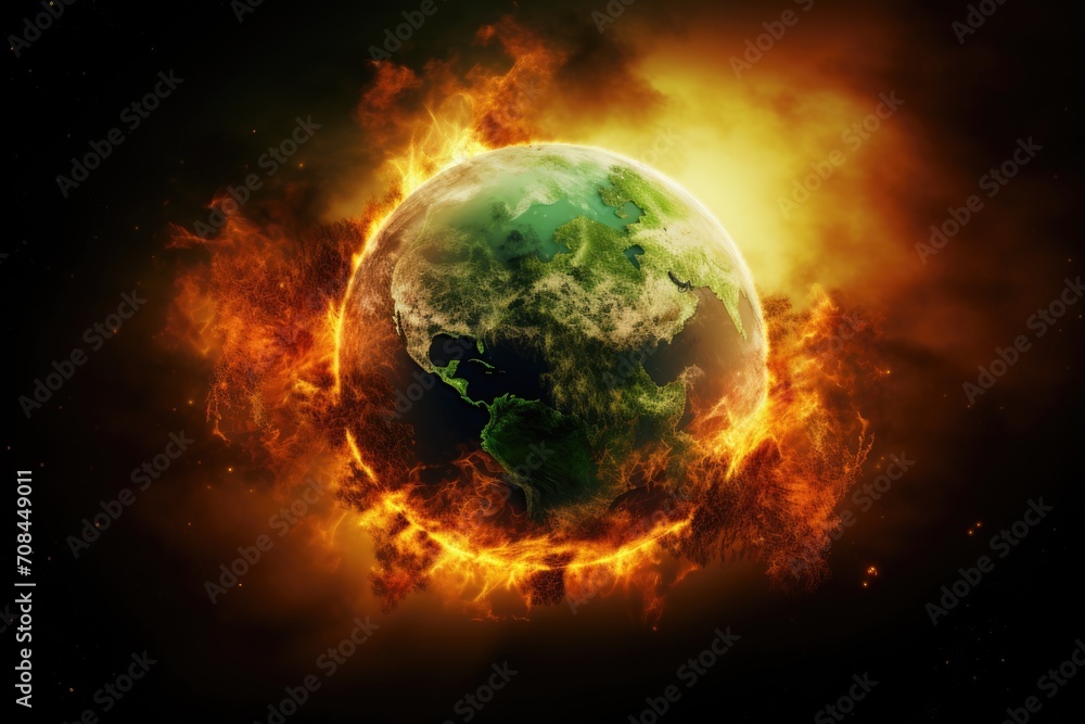 Green planet in flames of fire. Global warming concept with copy space Green planet in flames of fire. Global warming concept with copy space