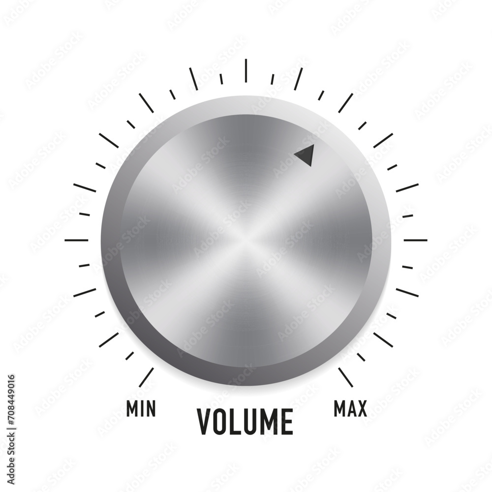 Music button technology, volume settings, volume control. Metallic round tuner, audio stereo system vector 3d isolated knob button for mobile application, website ui graphic. Vector illustration - obrazy, fototapety, plakaty 