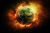Green planet in flames of fire. Global warming concept with copy space