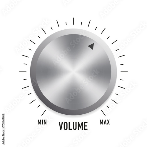 Music button technology, volume settings, volume control. Metallic round tuner, audio stereo system vector 3d isolated knob button for mobile application, website ui graphic. Vector illustration photo