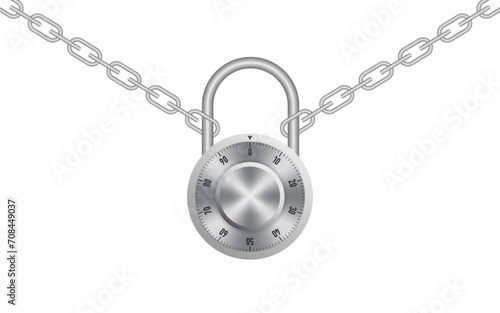 3d padlock. Padlock and chain. Silver metal chain and padlock, handcuffed card. Realistic closed chrome silver lock with mechanical combination. Template padlock for protection. Vector illustration
