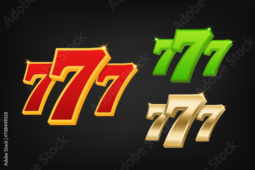 A set of glowing shiny icons 777. Casino and poker logo in different colors on a black background. Casino games element. Big win slots 777 banner casino. Vector illustration