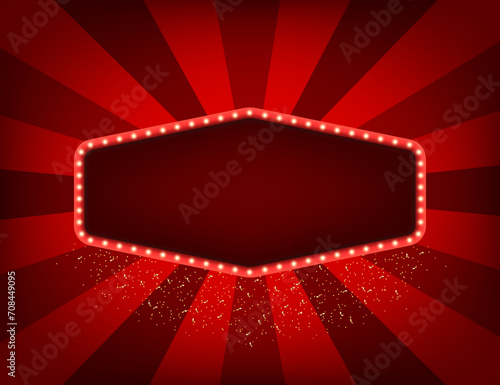 Retro light sign. Vintage style banner. Promotion and sale billboard, cinema, bar show or restaurant. Frame for winners of poker, cards, roulette, lottery and casino. Vector illustration