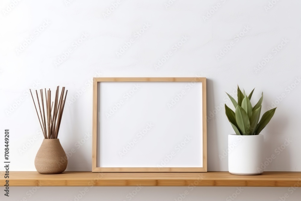 Mockup photo frame on scandinavian white room interior with wooden furniture and tropical plants - obrazy, fototapety, plakaty 