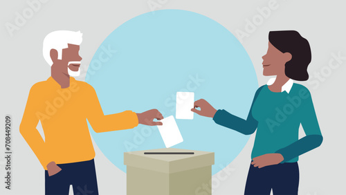 Vektor-Illustration eines Mannes und einer Frau, die einen Stimmzettel in eine Wahlurne werfen und damit eine Stimme abgeben - Wahl oder soziale Umfrage Konzept