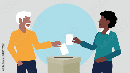 Vektor-Illustration eines Mannes und einer Frau, die einen Stimmzettel in eine Wahlurne werfen und damit eine Stimme abgeben - Wahl oder soziale Umfrage Konzept