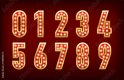 Retro rooms with lamps. Glowing numbers. Retro light sign. Vintage style banner. Broadway show retro glowing font. Vector illustration