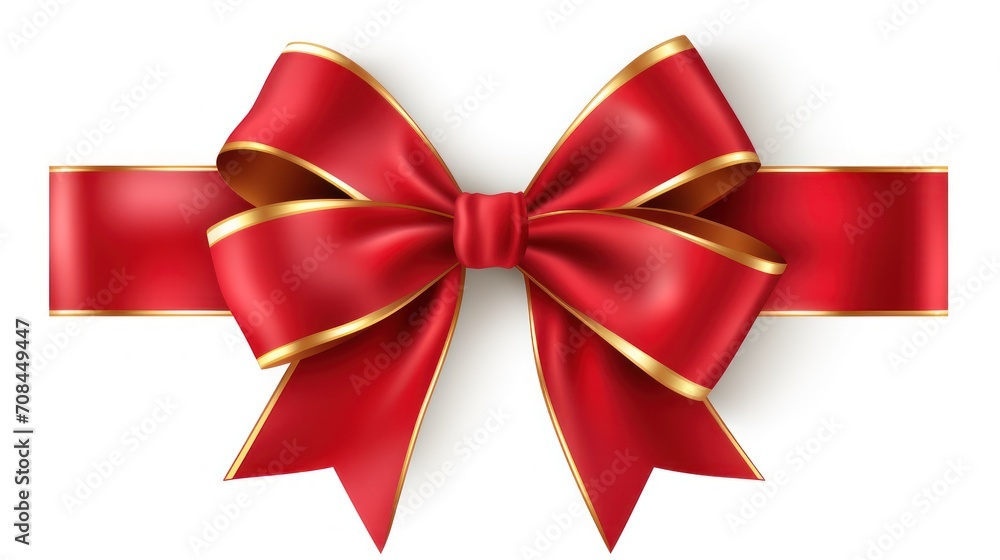 Red ribbon and bow with gold line isolated on white background