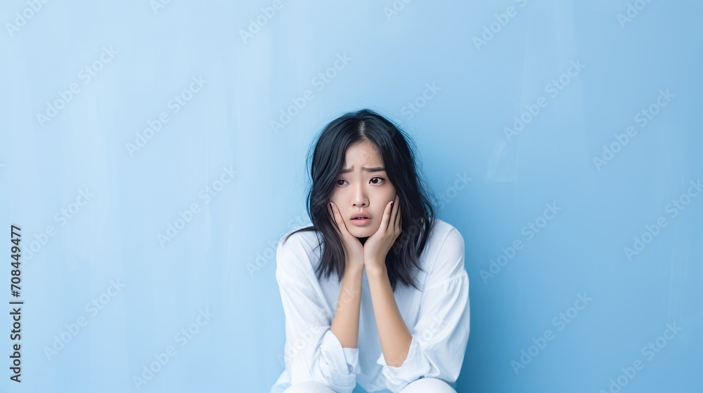 Expression of depression or anxiety of young Asian girl on blue background Expression of depression or anxiety of young Asian girl on blue background