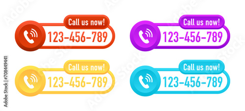 Call us now modern internet button - template for phone number in website header - conspicuous sticker with phone headset pictogram. Call us now icons for business purpose. Vector illustration