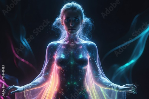 Phantasmagorical Figure of a Woman with Neon Colors Illustration, A Surreal and Vibrant Digital Artistic Masterpiece Depicting an Ethereal Female Character.