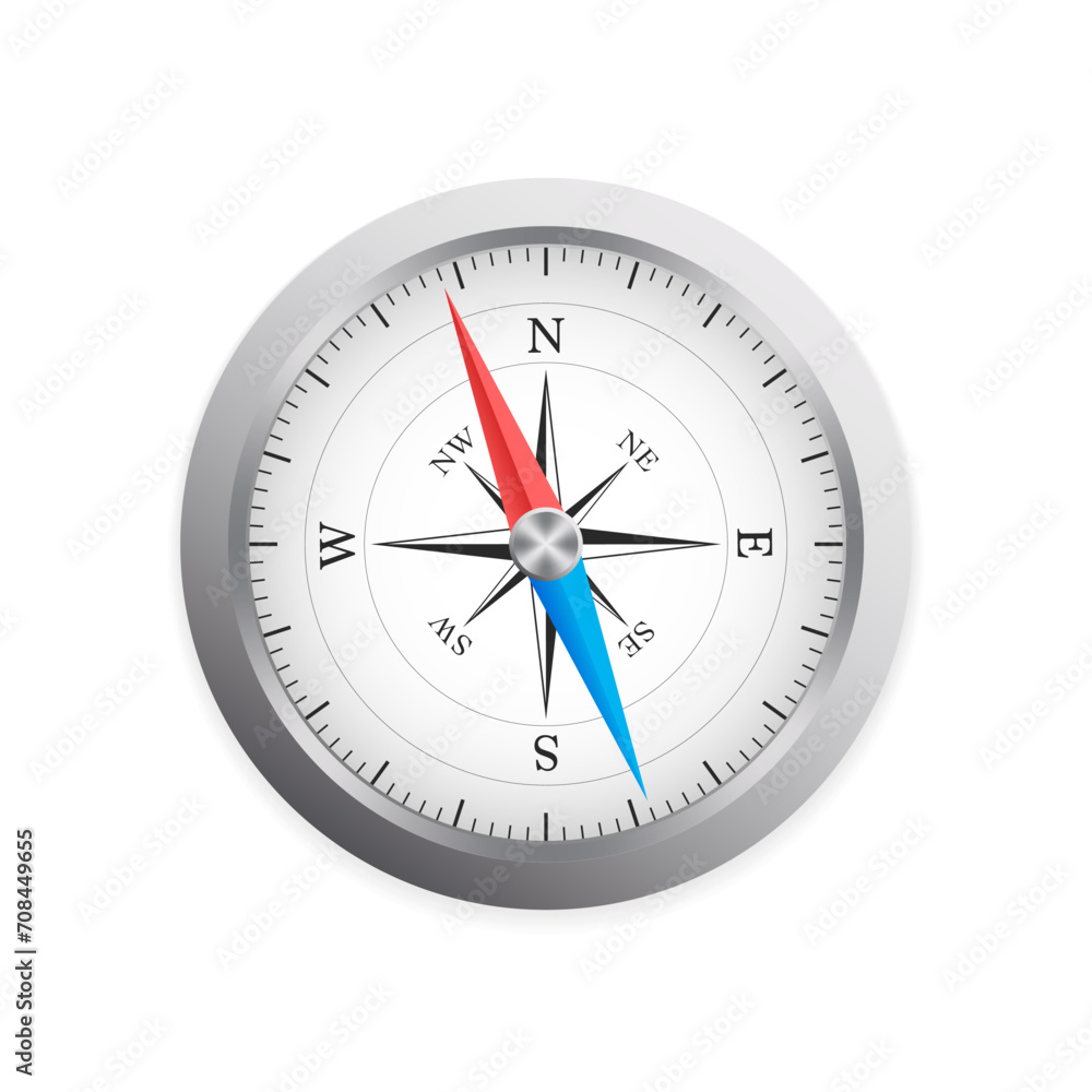 Glossy Bright Vintage Compass analog display in a metal case with wind rose. Navigation compass with a set of additional dials, compass roses and arrows. Vector illustration