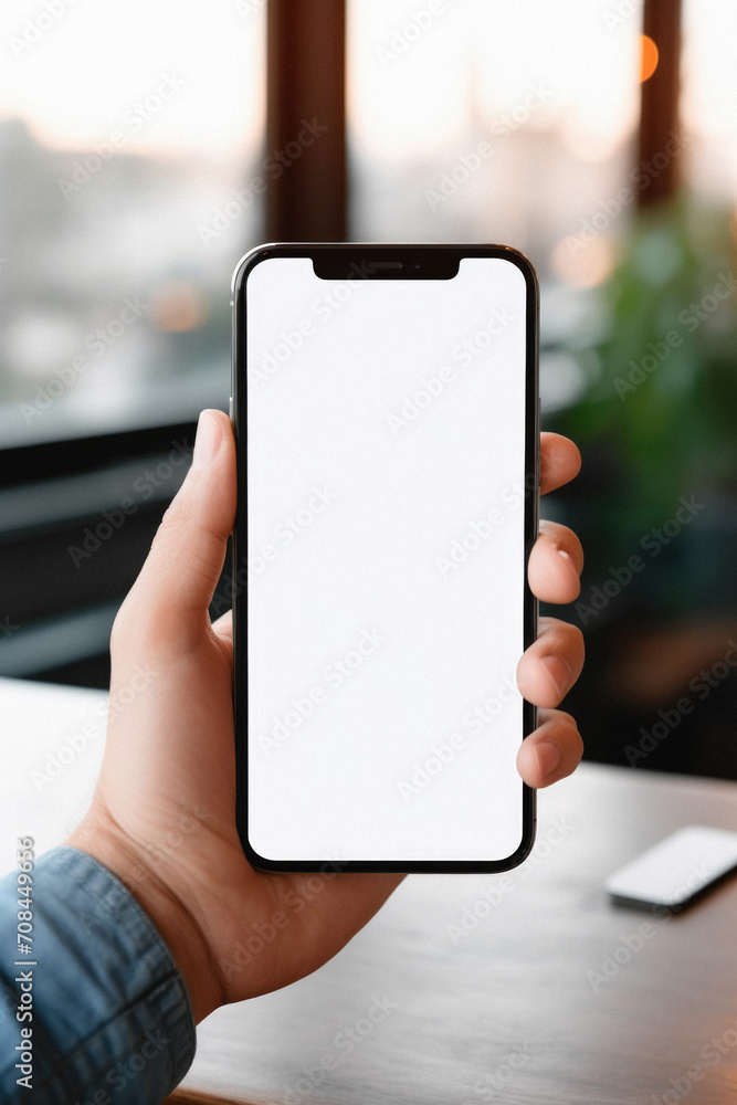 Mockup of a hand holding smartphone with blank white screen in cafe Mockup of a hand holding smartphone with blank white screen in cafe