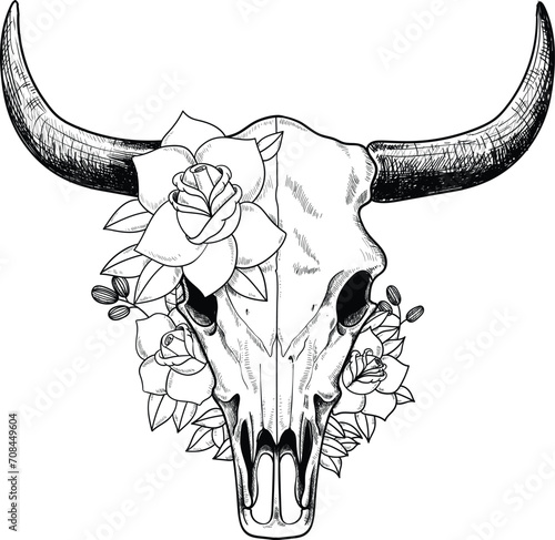 Bull skull head with flower illustration drawing. Bull floral draw design