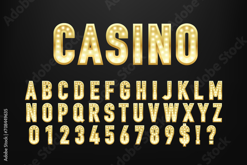 3d light bulb alphabet with red frame isolated on dark red background. 3D exclusive font. Chic modern alphabet letters, numbers and symbols. Golden font alphabet, number sign. Vector illustration