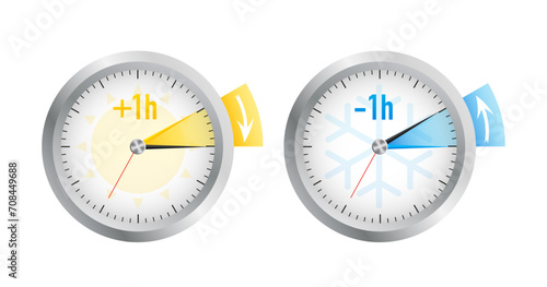 Silver Clock Winter Time Snowflake And Sun. Clock switch to summer time and to winter time. Vector illustration