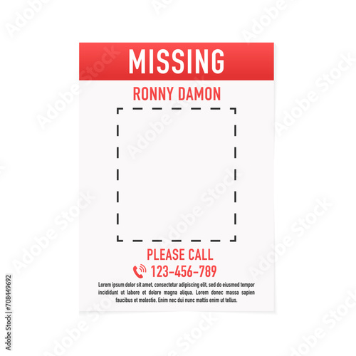Social Media Post Template for Missing Person Search. Flyer Person Search. Man lost banner design. Vector illustration photo