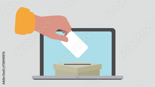Vektor-Illustration einer Person, die einen Stimmzettel in eine Wahlurne auf einem Laptop wirft, um ihre Online-Stimme abzugeben - Wahl oder soziale Umfrage Konzept