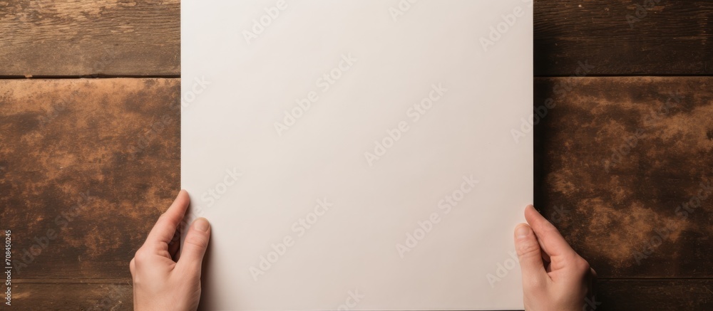 Someone holding a notebook and showing an empty page with their left hand on the table. Someone holding a notebook and showing an empty page with their left hand on the table.