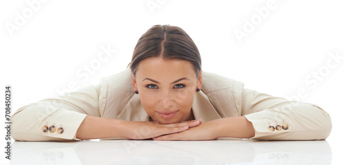 Businesswoman, portrait and desk break for relax in studio white background as manager for rest, corporate or company career. Female person, face and mockup for professional job, tired or burnout