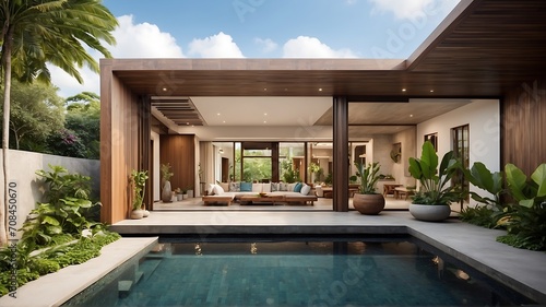 home or house building Exterior and interior design showing tropical pool villa with green garden and bedroom © G. PERFECT