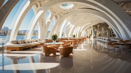 Modern bright panoramic waterfront restaurant interior