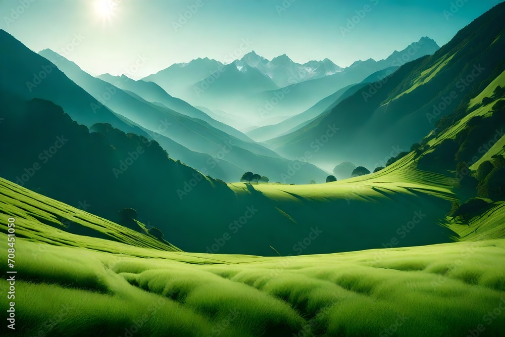 A serene valley covered in a blanket of soft, green grass, with the distant mountains shrouded in a gentle mist under a clear blue sky. - obrazy, fototapety, plakaty 