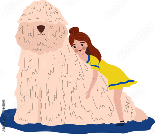Young girl with brown hair in a yellow dress hugging a large fluffy beige dog. Friendly relationship between a child and a pet. Vector illustration.