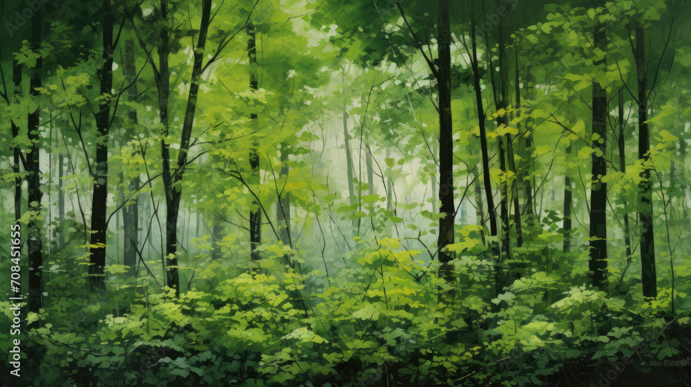 Fototapeta premium Experience the tranquility of a dense forest, where the gentle sway of leaves under the summer sun paints a vivid, peaceful outdoor scene.