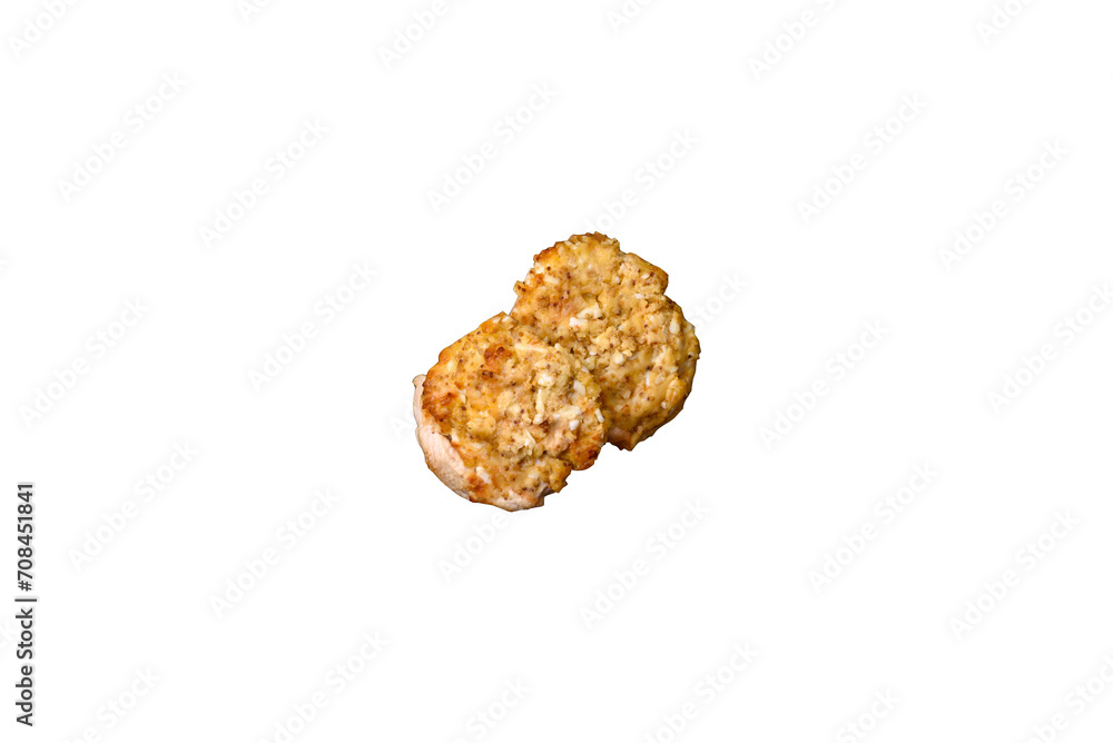 Delicious meat fried with Dijon mustard with salt, spices and herbs Delicious meat fried with Dijon mustard with salt, spices and herbs