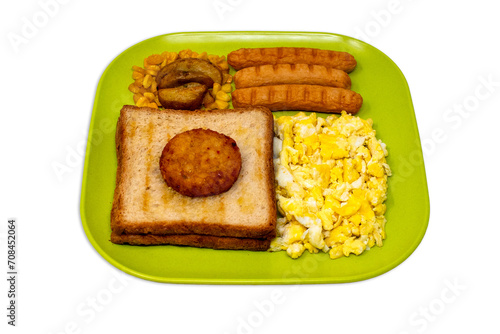 Full english breakfast - scrambled egg, beans, sausage, patties, potato, toast.