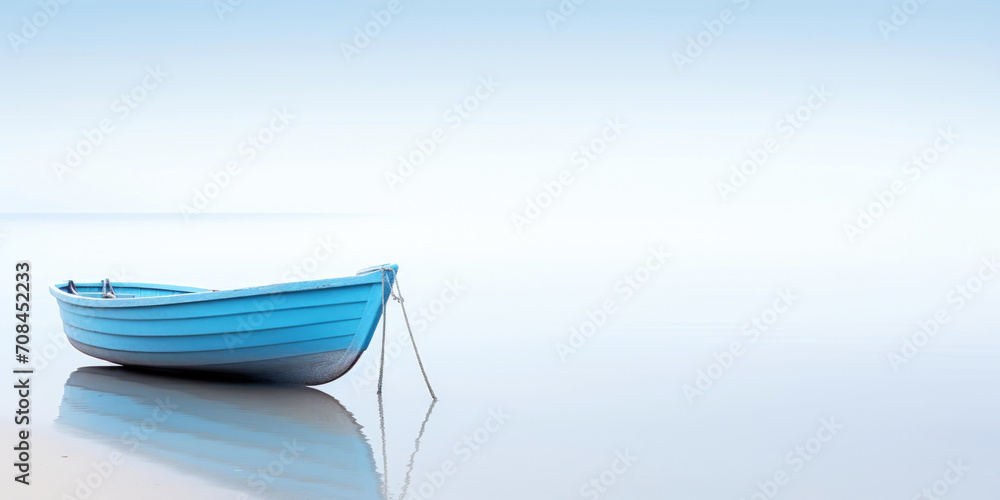 Blue boat in a calm sea waters near a beachline. Calm, tranquil landscape. Generative AI