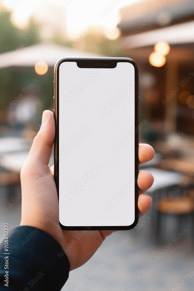 Male hand holds a smartphone with a blank screen on the background of a cafe Male hand holds a smartphone with a blank screen on the background of a cafe