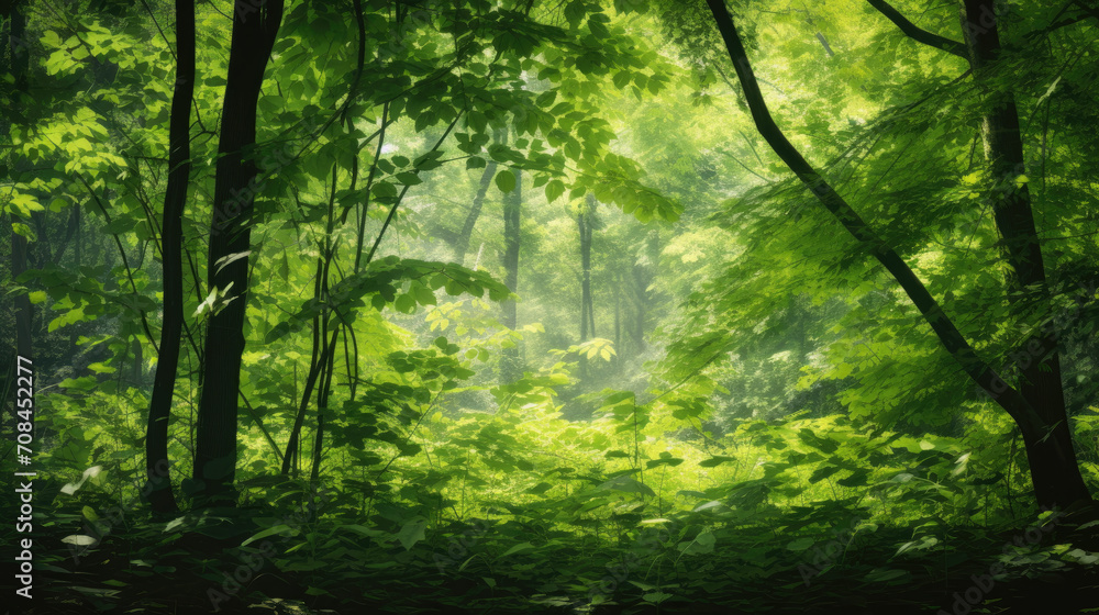 Naklejka premium Immerse yourself in the lush green forest, where leaves dance in the summer breeze, creating a mesmerizing texture of various shades of green.