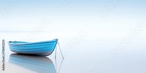 Blue boat in a calm sea waters near a beachline. Calm, tranquil landscape. Generative AI