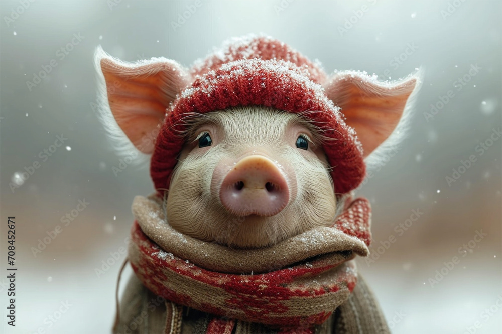 cartoon pig wearing winter clothes