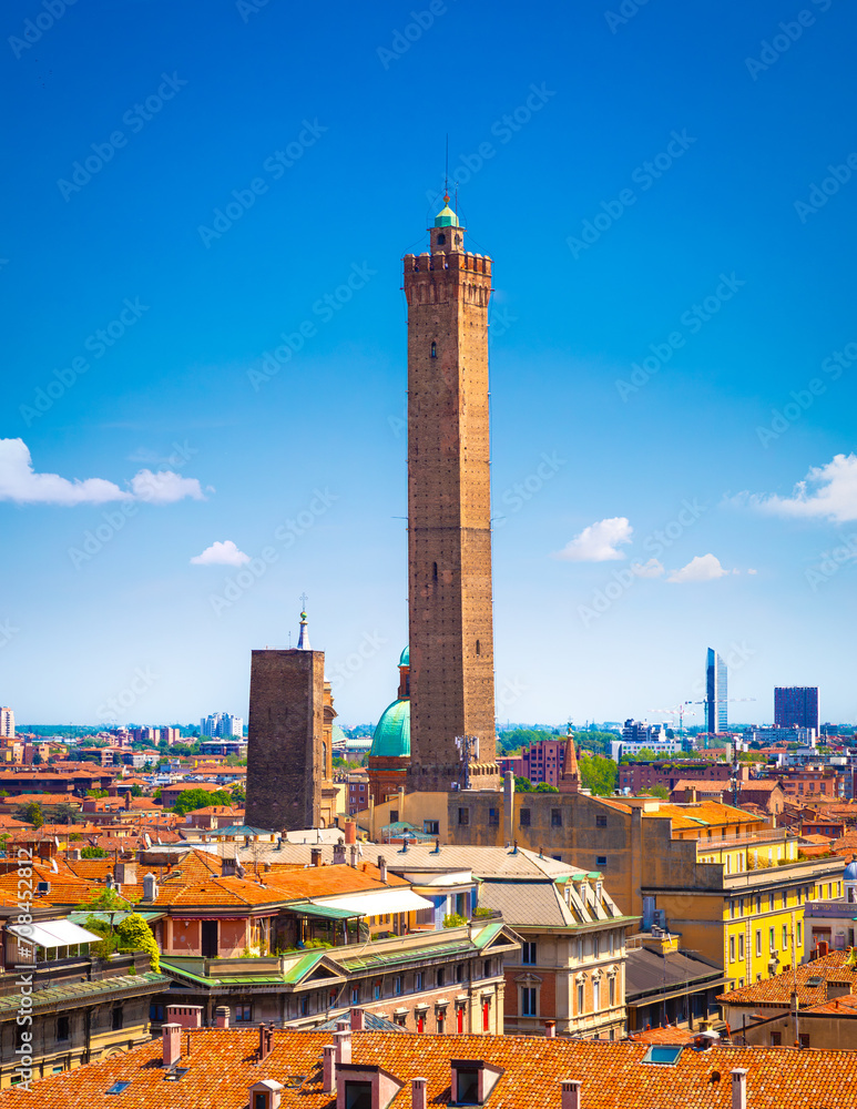 View of the city of Bologna. A city of long street galleries and leaning medieval towers. Italy