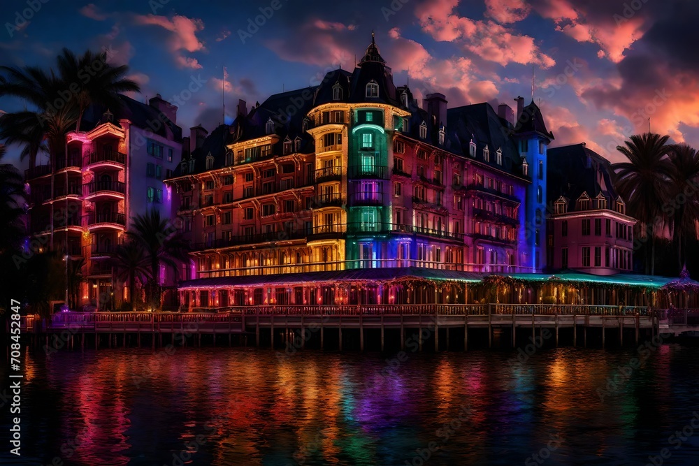 A breathtaking night scene featuring a riverside hotel lit up with colorful lights, mirrored in the shimmering water beneath.
