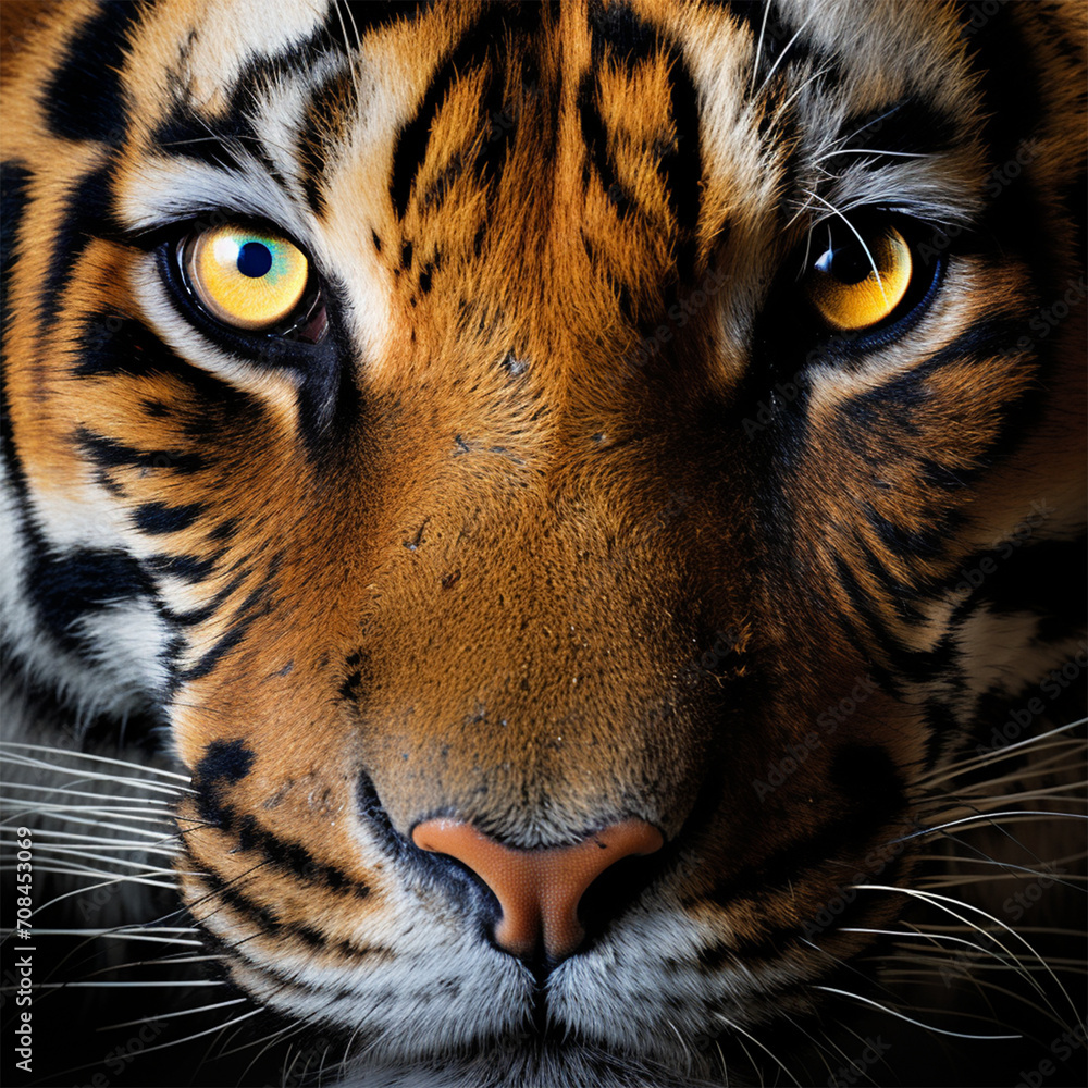 macro image of the eyes and muzzle of a tiger. Wild cat. Wildlife nature concept