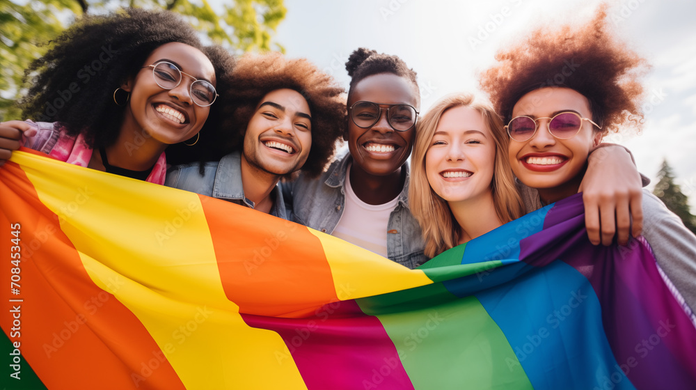 Smiling Group of Friends Celebrating Diversity with Pride Flag Outdoors, Embodying Unity and Joy, LGBTQ Concept Smiling Group of Friends Celebrating Diversity with Pride Flag Outdoors, Embodying Unity and Joy, LGBTQ Concept