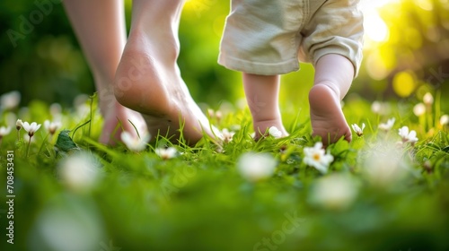 A close up of a baby and its mother walking through grass, AI