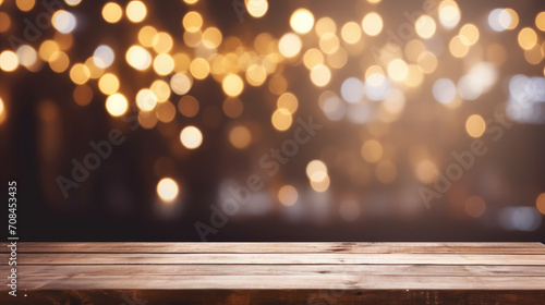 Celebrate Merry Christmas and a Happy New Year with this rustic vintage background featuring an empty wooden table  Christmas tree  and blurred light bokeh.