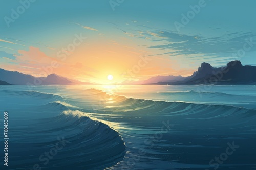 Calm relaxing seascape. Beautiful and colorful sunset with endless and silent waves. Generate AI photo