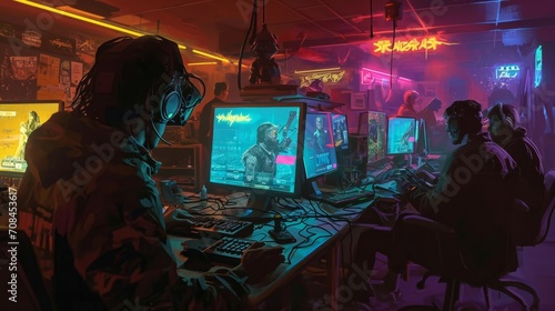 Team of gamers playing online video games in dark room with colorful neon lights. A close-up of friends engaged in an intense video game session, bathed in the glow of screens and neon lights.