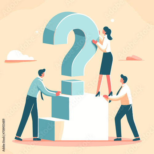 Company employees lifting question mark on top