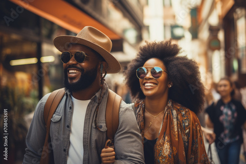 Afro couple walks through the streets of a major American city photo