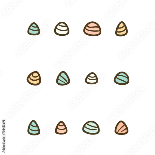 Set of stylized seashells with multicolored stripes isolated on white background.