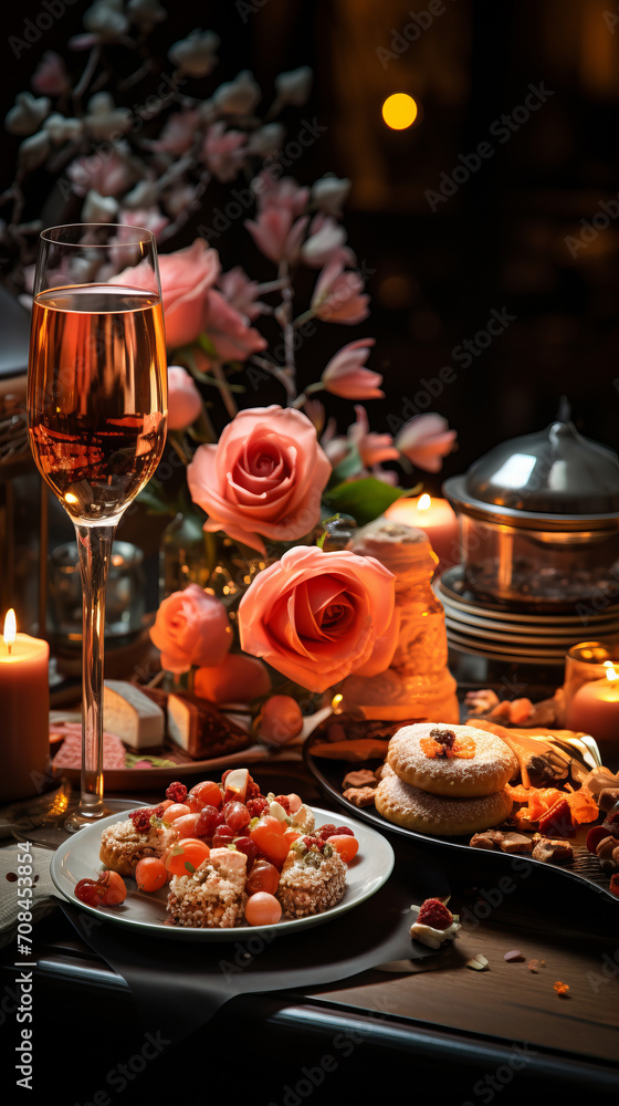 Valentine's day and love concept. Table setting decorated for romantic dinner.