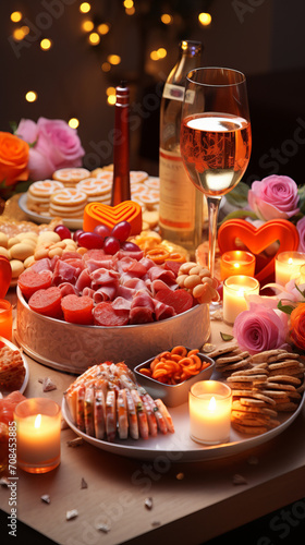 Table served with desserts for romantic dinner. Valentine s day and love concept.