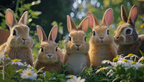 Group of rabbits exploring a garden their inquisitive noses and twitching whiskers capturing the essence of their adorable curiosity